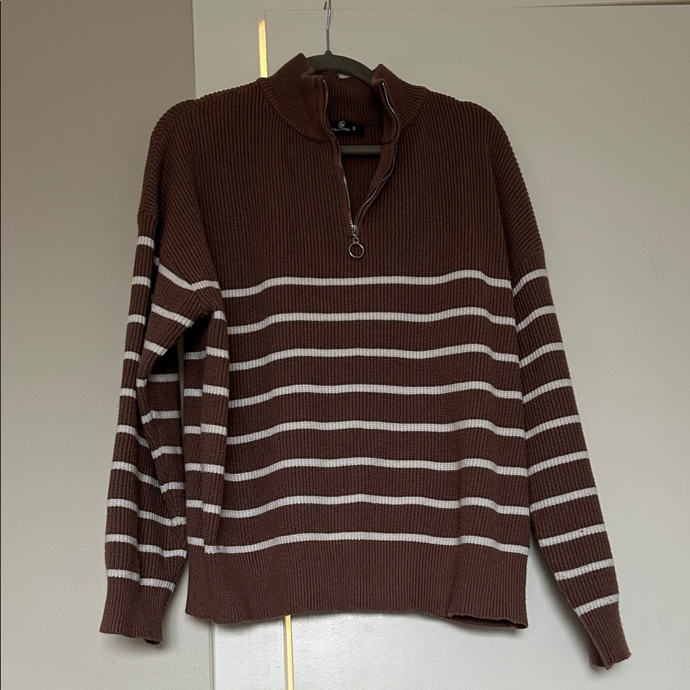 Brown and White Striped Quarter-Zip Sweater (M)